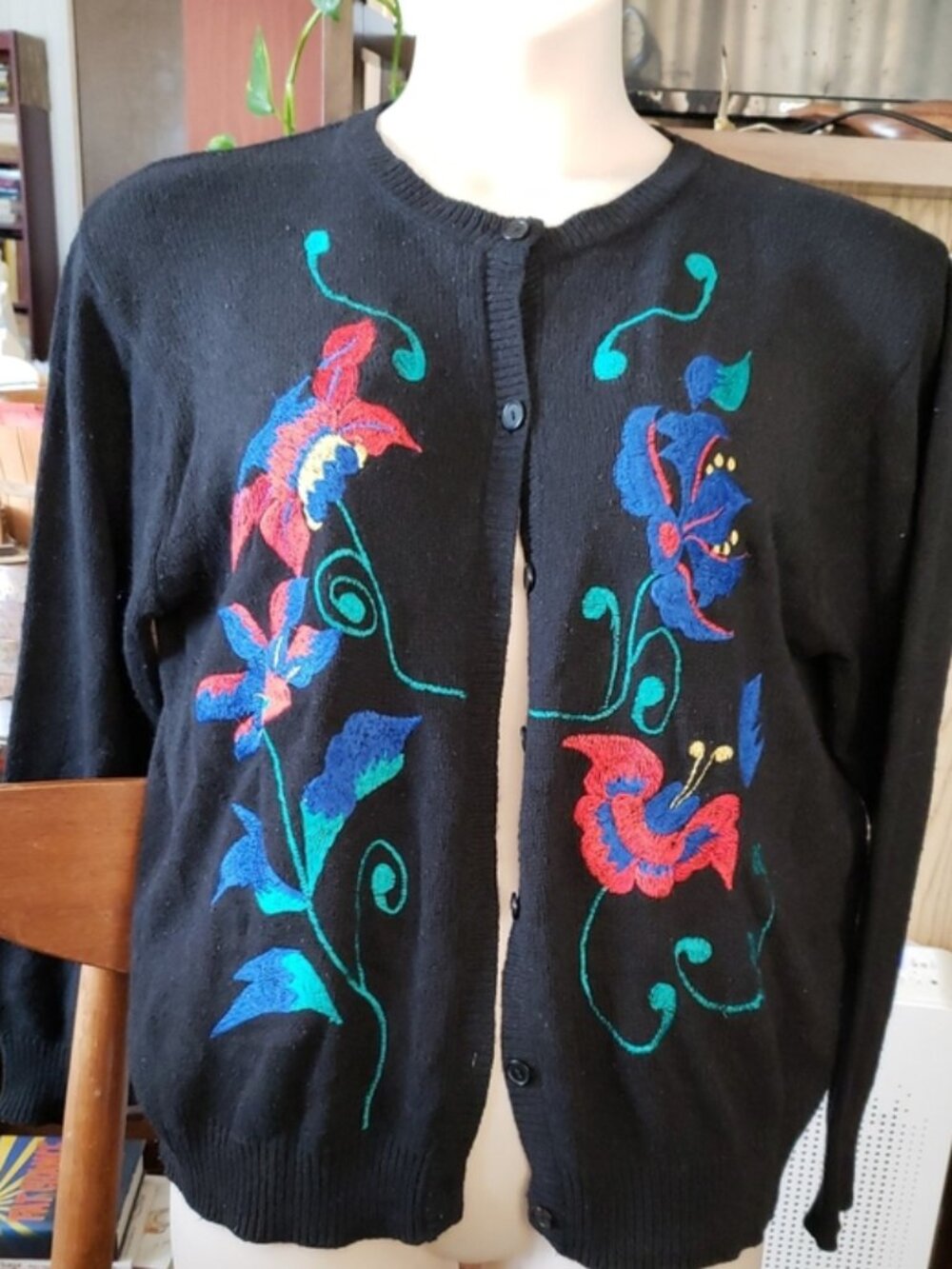 Vintage 1980s Avon Fashions Black Cardigan Sweater Size L